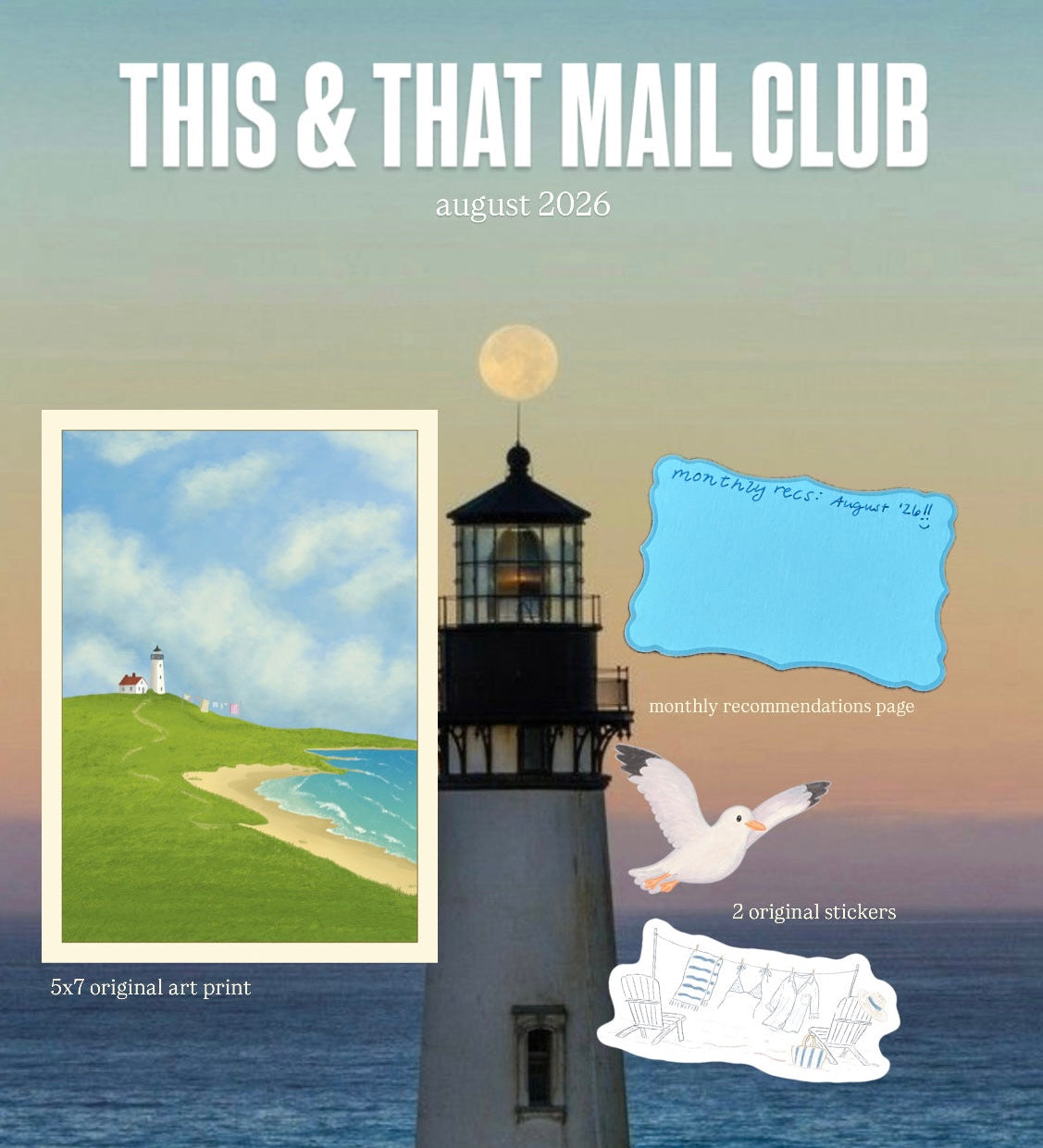 A promotional graphic for 'This & That Mail Club' featuring a lighthouse over the ocean, a small landscape art print, a blue sticky note, a white seagull, and text inviting people to artspacegrace.com.