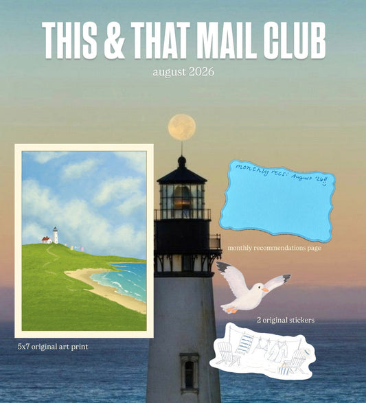 A promotional graphic for 'This & That Mail Club' featuring a lighthouse over the ocean, a small landscape art print, a blue sticky note, a white seagull, and text inviting people to artspacegrace.com.