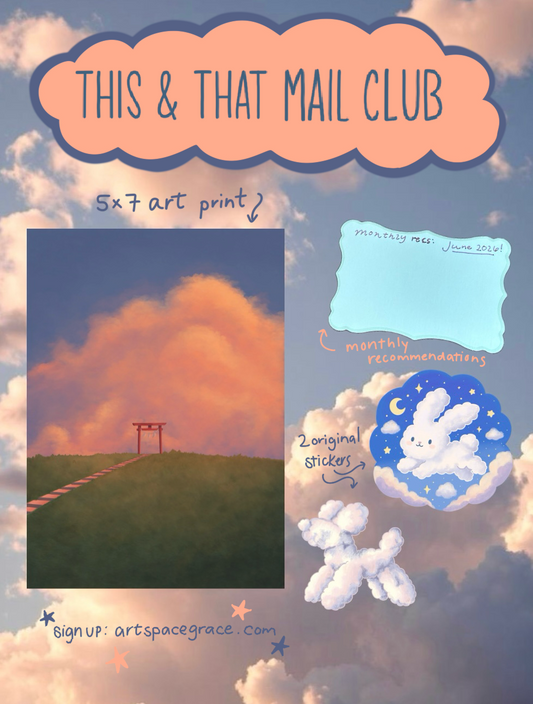 Promotional graphic for 'This & That Mail Club' with a cloud-themed design and art print.