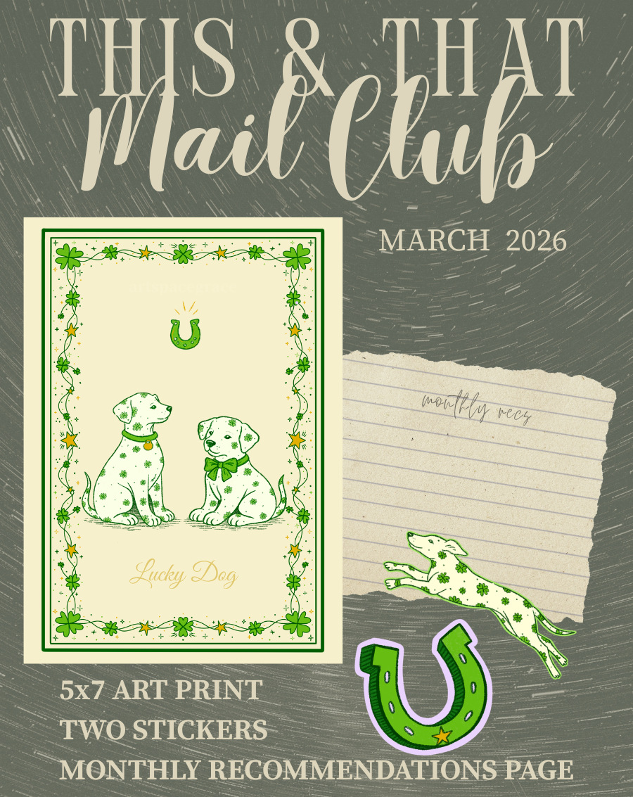 Promotional graphic for 'This & That Mail Club' with art print, stickers, and recommendations page details.